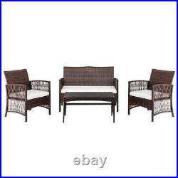 4PCS Rattan Patio Furniture Cushioned Sofa Chair & Table Glass Top Livingroom