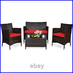 4PCS Rattan Patio Furniture Set Cushioned Sofa Chair Coffee Table Red