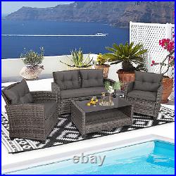 4PC Rattan Patio Conversation Set Cushioned Outdoor Furniture Set