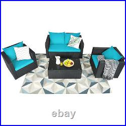 4PC Rattan Patio Furniture Set Outdoor Wicker With Turquoise Cushion