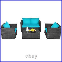 4PC Rattan Patio Furniture Set Outdoor Wicker With Turquoise Cushion