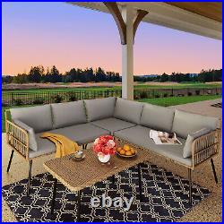 4Pcs Rattan Patio Furniture Set Outdoor Sectional Wicker Cushioned Sofa with Table
