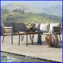 4Pcs Rattan Patio Furniture Set Outdoor Sectional Wicker Cushioned Sofa with Table