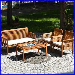 4 PCS Outdoor Acacia Wood Sofa Furniture Set Cushioned Chair Coffee Table Garden