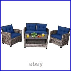 4 PCS Patio Conversation Dining Rattan Furniture Set With Coffee Table & Cushions