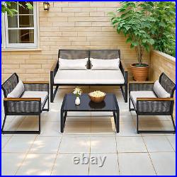 4 PCS Patio Rattan Chair Table Outdoor Wicker Sofa Bistro Set Washable Cushions