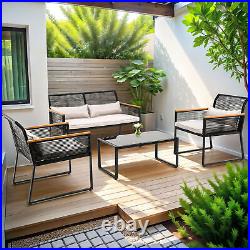 4 PCS Patio Rattan Chair Table Outdoor Wicker Sofa Bistro Set Washable Cushions