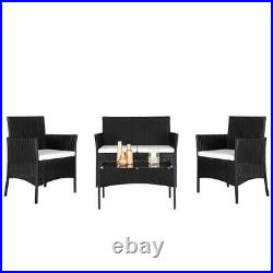 4 PC Office Patio Black Rattan Black Wicker Table Sofa Furniture Set with Cushion
