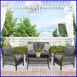 4 Pcs Outdoor Patio Rattan Wicker Furniture Set Coffee Table and Grey Cushions