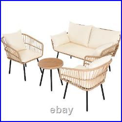 4 Piece Patio Rattan Wicker Furniture Conversation Set Cushioned Sofa and Table
