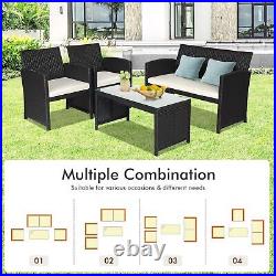 4-Piece Rattan Patio Furniture Set, Outdoor Wicker Conversation Sofa (White)