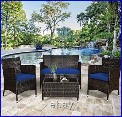 4 Piece Rattan Patio Furniture Set With Cushioned Sofa Chairs And Coffee Table
