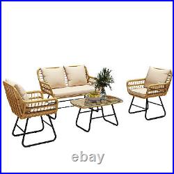 4 Pieces Patio Rattan Sofa Set Wicker Garden Furniture Outdoor Sectional Couch