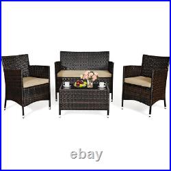 4 Pieces Rattan Patio Furniture Set Cushioned Sofa Chair Coffee Table for Garden