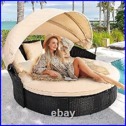 5PC Patio Wicker Furniture Outdoor Round Daybed Retractable Canopy ClamshellSeat