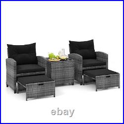 5 Piece Patio Rattan Furniture with 2 Ottomans & Tempered Glass Coffee Table