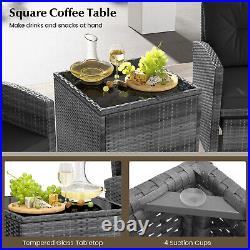 5 Piece Patio Rattan Furniture with 2 Ottomans & Tempered Glass Coffee Table