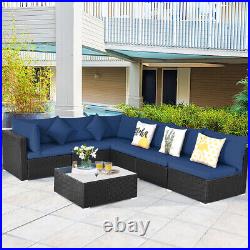 7PCS Rattan Patio Conversation Set Sectional Furniture Set with Navy Cushion