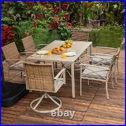 7-Piece Patio Dining Set Outdoor Wicker Furniture with 2 Rocking Chairs Wood Grain