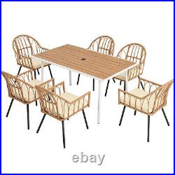7-Piece Patio Dining Set Rattan Wicker Outdoor Furniture Set with 6 Chairs & Table