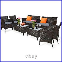 8PCS Patio Rattan Conversation Furniture Set Outdoor with Gray Cushion