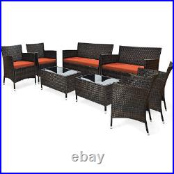 8PCS Rattan Patio Furniture Set Cushioned Sofa Chair Coffee Table Orange