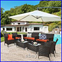 8PCS Rattan Patio Furniture Set Cushioned Sofa Chair Coffee Table Orange