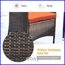 8PCS Rattan Patio Furniture Set Cushioned Sofa Chair Coffee Table Orange