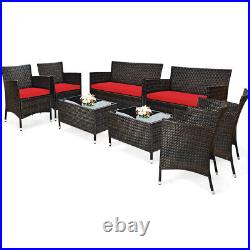 8PCS Rattan Patio Furniture Set Cushioned Sofa Chair Coffee Table Red