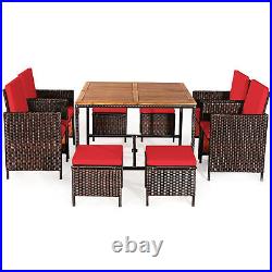 9PC Rattan Wicker Patio Dining Set Outdoor Furniture Set with Red Cushion