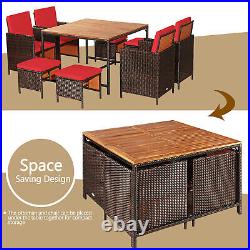 9PC Rattan Wicker Patio Dining Set Outdoor Furniture Set with Red Cushion