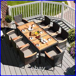 9 PCS Patio Rattan Dining Set 8 Chairs Cushioned Acacia Table Top Outdoor Beige