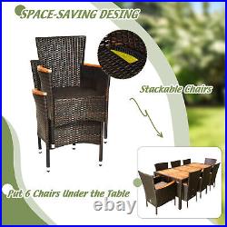 9 PCS Patio Rattan Dining Set 8 Chairs Cushioned Acacia Table Top Outdoor Beige