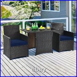 Costway 3PCS Patio Rattan Furniture Set Cushion Sofa Armrest Garden Deck Navy