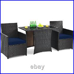 Costway 3PCS Patio Rattan Furniture Set Cushion Sofa Armrest Garden Deck Navy