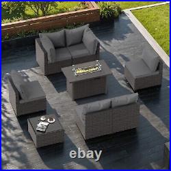 Gray Outdoor 8 Pieces Patio Furniture Set with Propane Fire Pit Table And Sofa