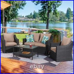 Outdoor Patio Furniture Set Black PE Wicker Conversation Set with Khaki Cushion