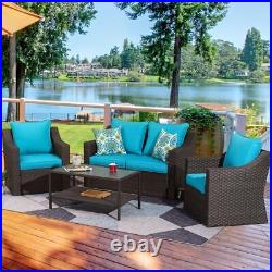 Outdoor Patio Furniture Set Brown PE Wicker Sectional Sofa Set & Blue Cushion