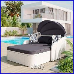 Outdoor Patio Furniture Set Rattan Daybed Sunbed with Retractable Canopy Pillows