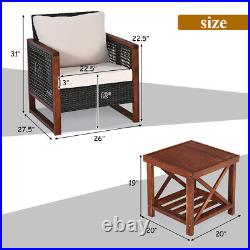 Patio 3PCS Rattan Furniture Set Solid Wood Frame Cushion Sofa Square Table Beige