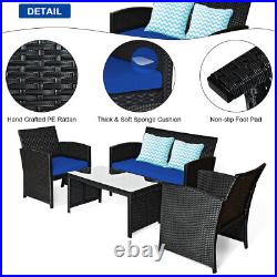 Patio 4PCS Rattan Furniture Conversation Set Cushion Table Sofa Garden Navy