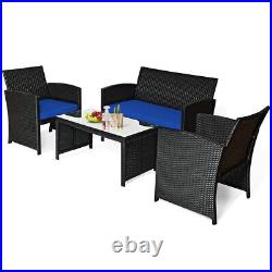 Patio 4PCS Rattan Furniture Conversation Set Cushion Table Sofa Garden Navy