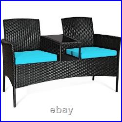 Patio Rattan Conversation Furniture Set Cushioned Loveseat Sofa Glass Table