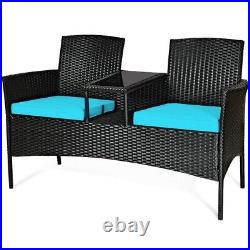 Patio Rattan Conversation Furniture Set Cushioned Loveseat Sofa Glass Table