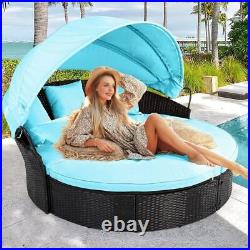 Patio Round Daybed withRetractable Canopy Rattan Clamshell Furniture Seating