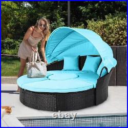 Patio Round Daybed withRetractable Canopy Rattan Clamshell Furniture Seating