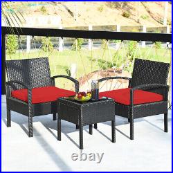 Patiojoy 3PCS Outdoor Rattan Furniture Set Table Conversation Sofa Cushioned Red