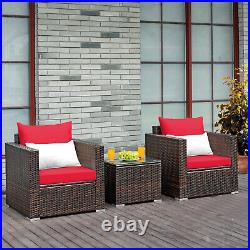 Patiojoy 3PCS Patio Rattan Furniture Set Conversation Sofa Cushioned Garden Red