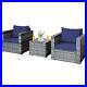 Patiojoy 3PCS Patio Wicker Furniture Bistro Set Cushioned Sofa Chair Table Navy