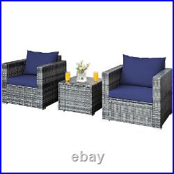 Patiojoy 3PCS Patio Wicker Furniture Bistro Set Cushioned Sofa Chair Table Navy